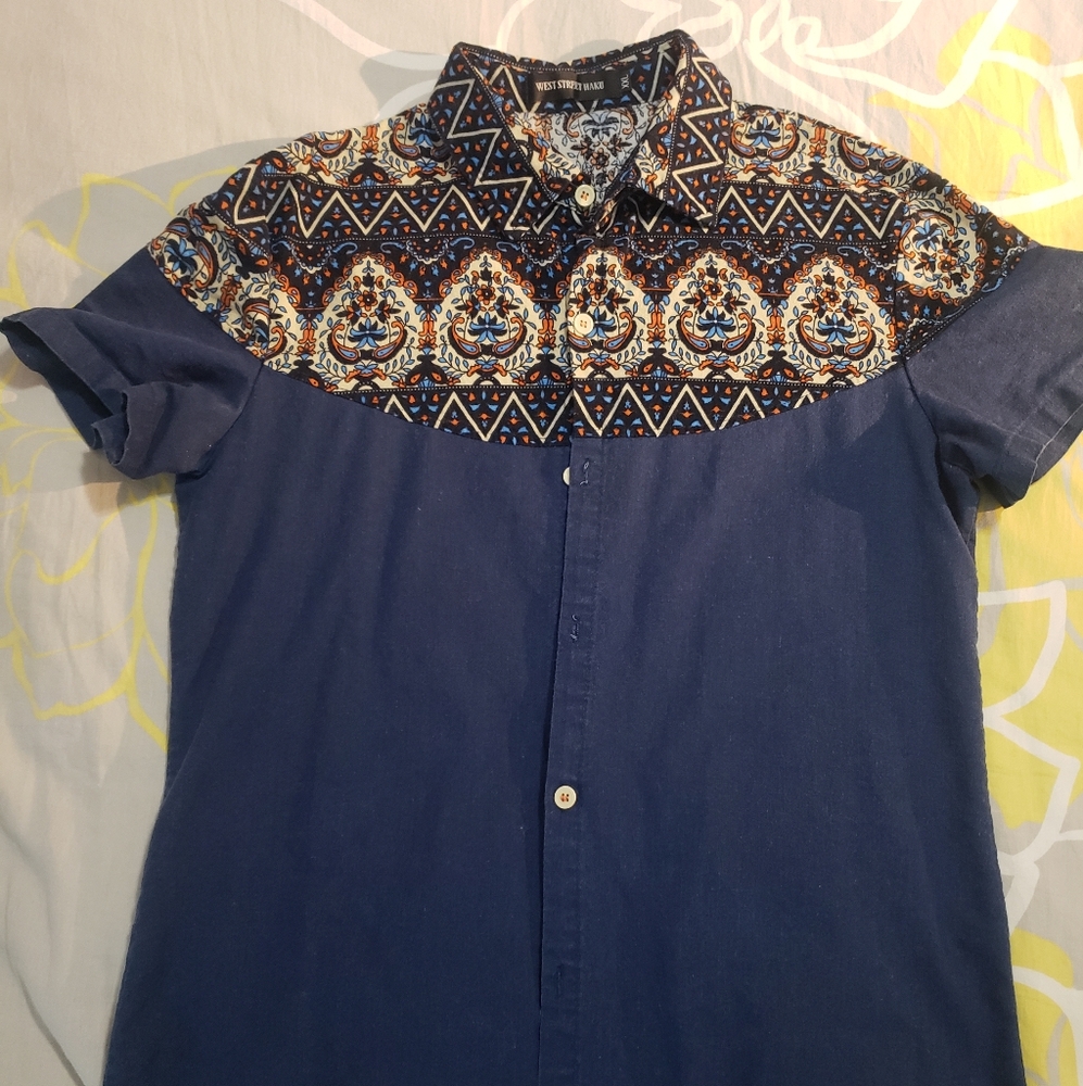 Navy Blue Shirt with Patterned Collar